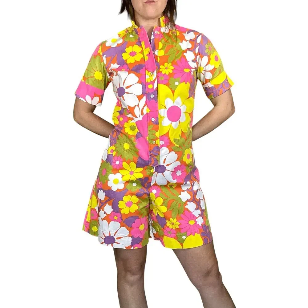 Vintage 1960s Lady Wrangler Floral Canvas Romper Jumpsuit Mod Pink Yellow